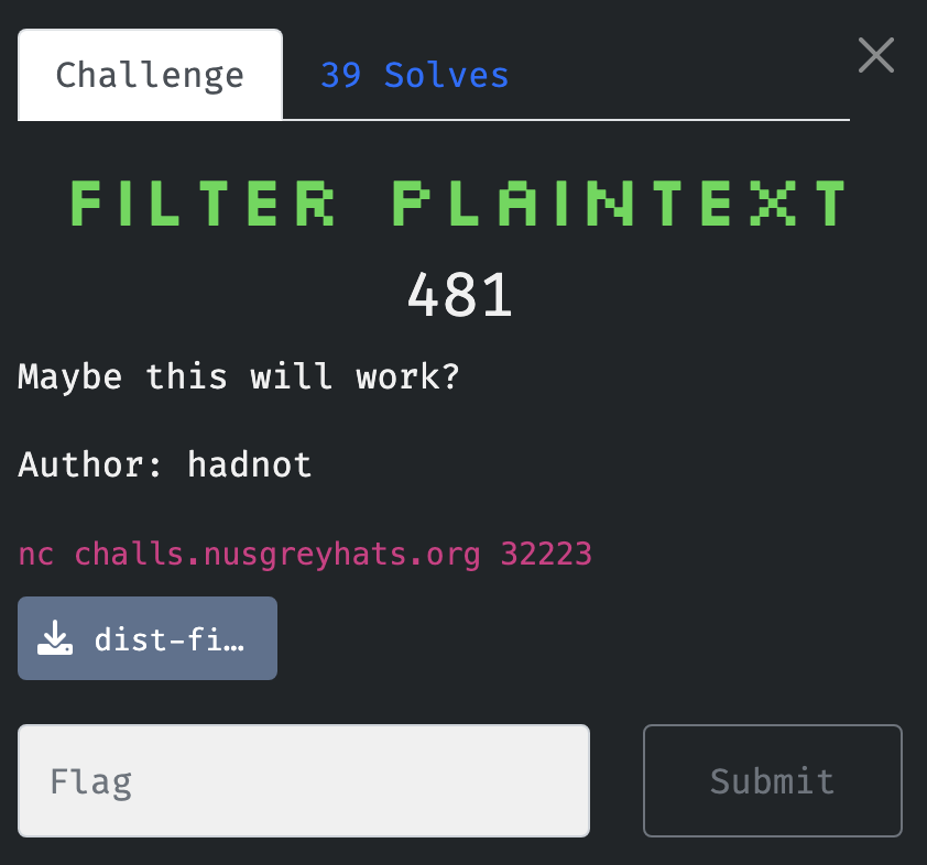 Filtered Plaintext Challenge